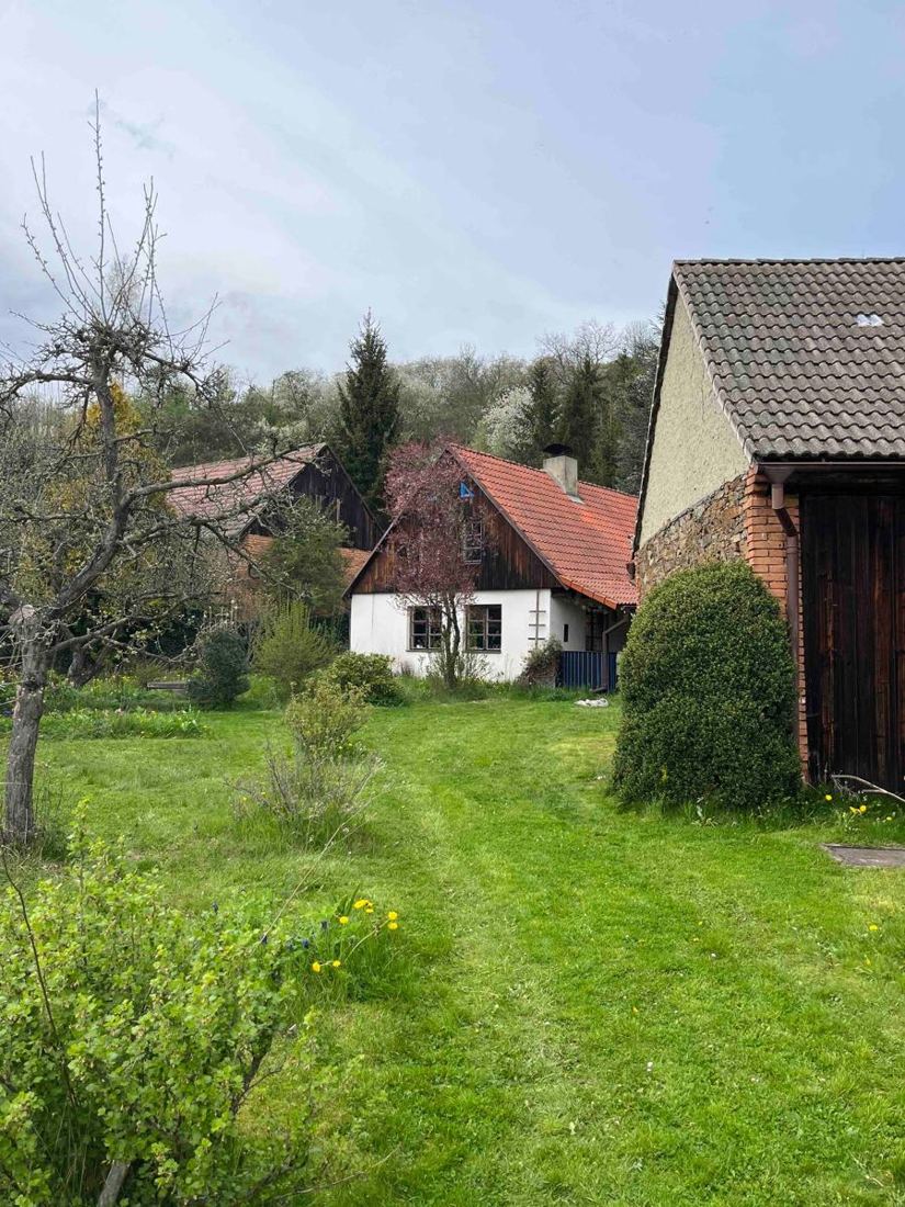 Travnatá cesta zahradou k chaloupce s červenou střechou
